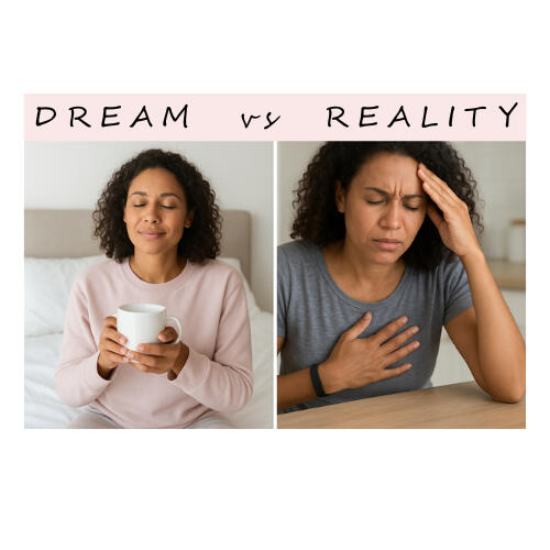 Split image of a woman with sleep struggles — one side smiling in bed with tea, the other side worried and unable to rest. Represents the challenge of wanting sleep but not being able to get it.