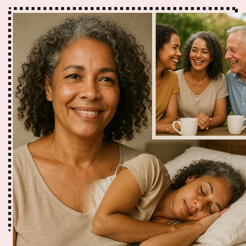 Collage of a happy woman smiling, resting well, spending time with friends, and caring for herself. Shows how sleep and self-care help her do what she loves and support the people she cares for.